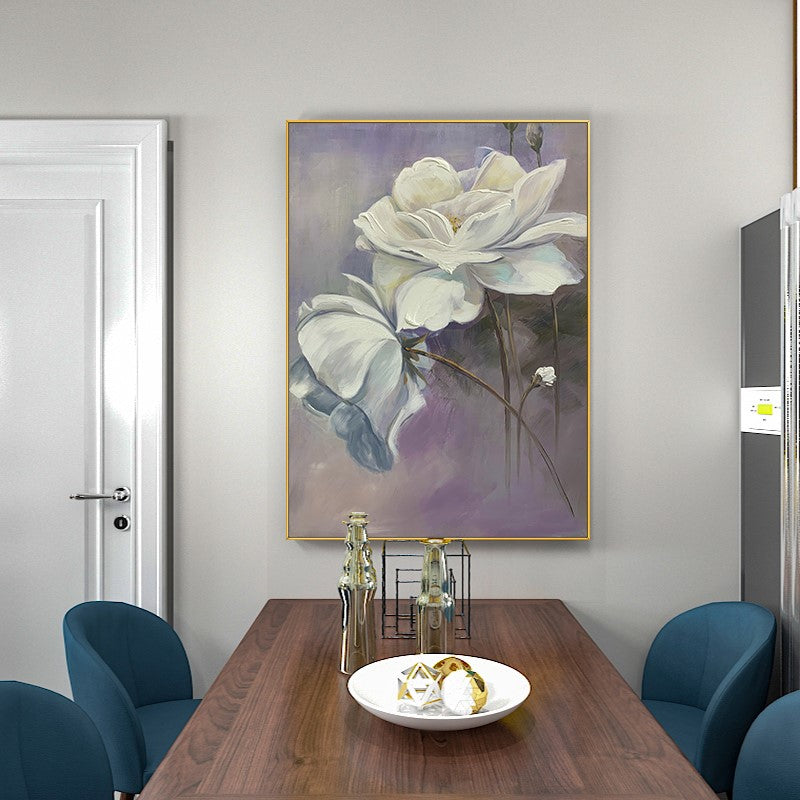 Handmade White Flower Oil Painting Modern Wall Art On Canvas Hanging Mural Living Room,31inx47in,No Frame