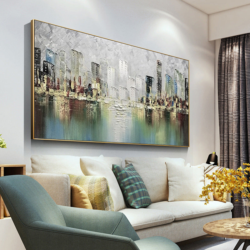 Hand painted Oil Painting Abstract City Black and White Wall Decorative Painting Architecture Hanging Painting Wall,27inx54in,No Frame