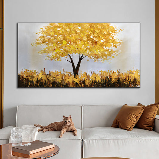 Abstract Thick Textured Golden Tree Oil Painting  Handmade On Canvas Modern Wall Art Pictures,27inx54in,No Frame