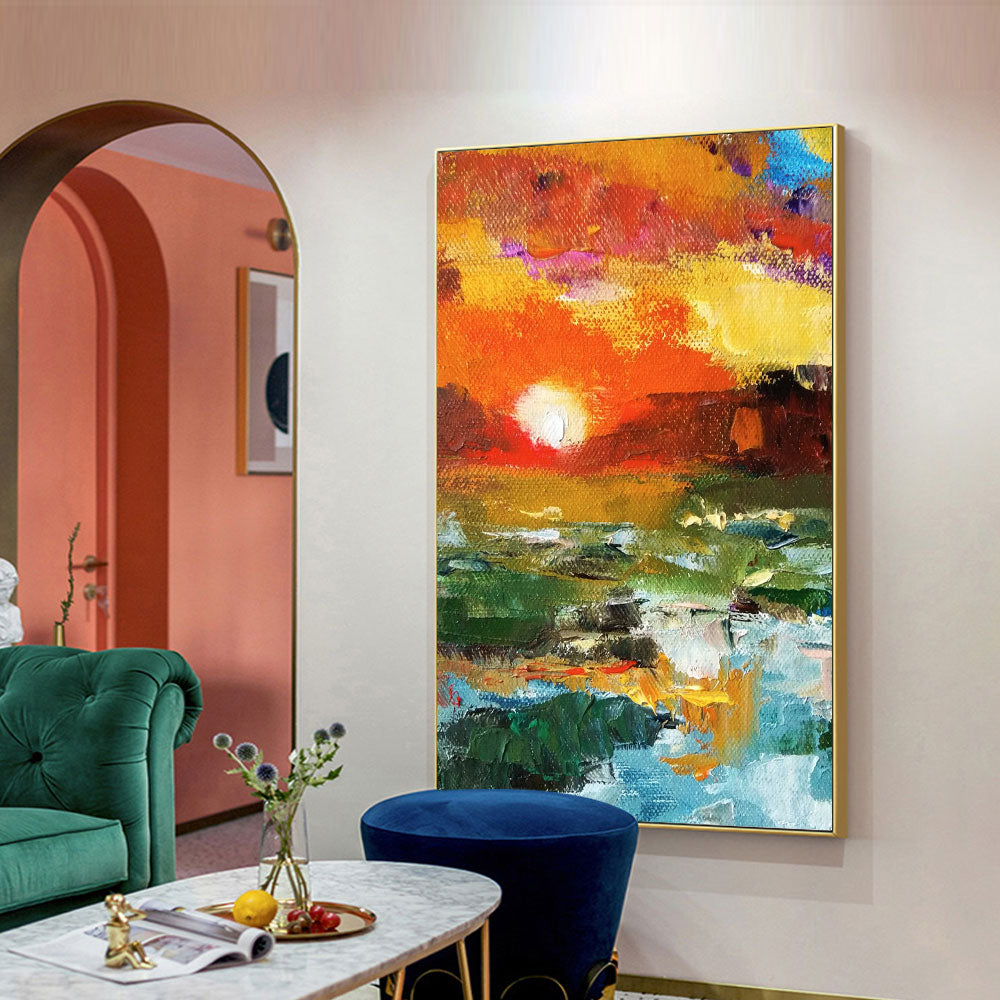 Abstract Sunset Glow Oil Painting On Canvas  Hand Painted Bright Textured Modern Canvas Wall Art For Living Room,31inx47in,No Frame