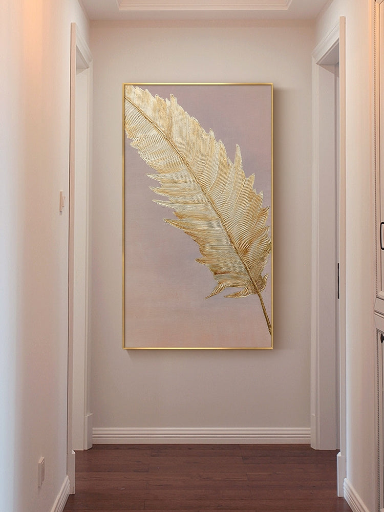 Hand-painted Oil Painting Gold Feather Light Luxury Scandinavian Style Home Decorative Painting Modern Entrance Hallway Aisle Pa27inx54in,No Frame