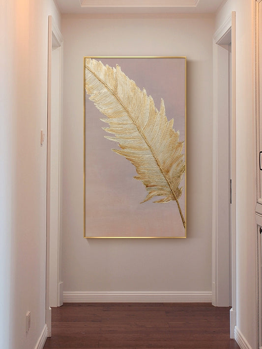 Hand-painted Oil Painting Gold Feather Light Luxury Scandinavian Style Home Decorative Painting Modern Entrance Hallway Aisle Pa27inx54in,No Frame