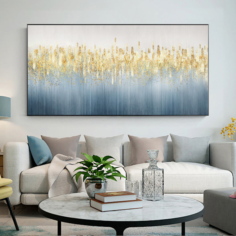 #470Abstract Blue Grey Oil Painting With Gold Foils  Hand Painted On Canvas Modern Handmade Wall,27inx54in,No Frame