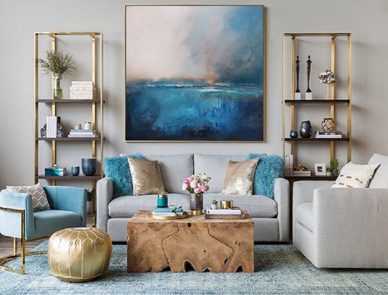 Large Sea Level Blue Oil Painting Wall Art Blue Abstract Painting Sky Landscape Oil Painting Large Ocean Canvas Oil Painting 31in,No Frame