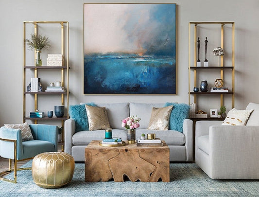 Large Sea Level Blue Oil Painting Wall Art Blue Abstract Painting Sky Landscape Oil Painting Large Ocean Canvas Oil Painting 31in,No Frame