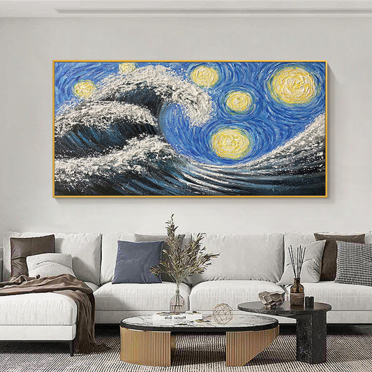 Heavy Thick Oil Canvas Sea Wave Oil Painting Hotel Decorative Canvas 3D Picture Pure Handmade Abstract,27inx54in,No Frame