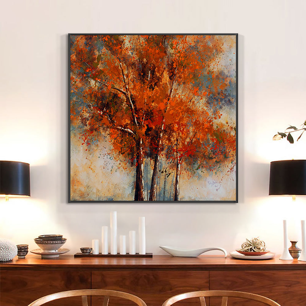 Abstract Brown Trees With Red Leaves On Canvas  Hand Painted Oil Painting Modern Wall Art,31inx31in,No Frame