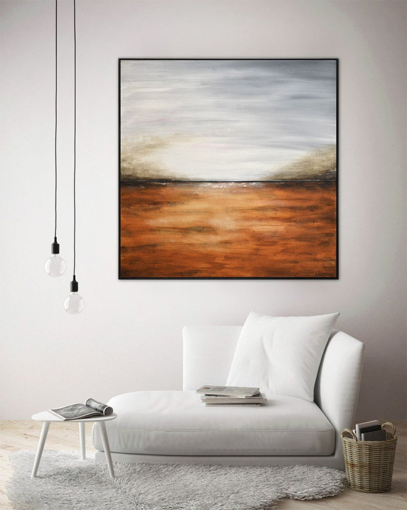 LandscapePaintingWallArtAbstractPaintingLargePaintingGrayBrownSeascapeHorizonAbstractArtOilPainting  31in,No Frame