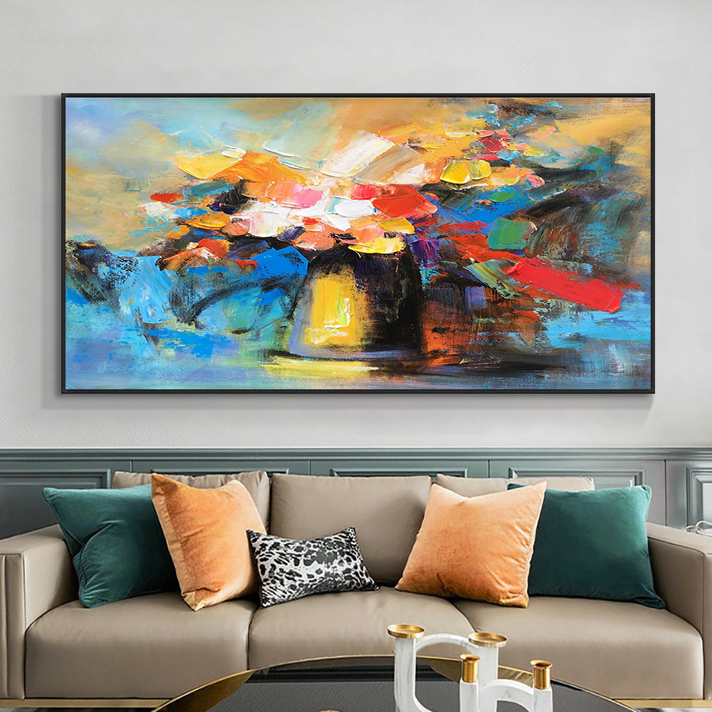 Abstract Textured Bright Colorful Oil Pianting On Canvas  Hand Painted Modern Decorative Wall Art Picture,27inx54in,No Frame