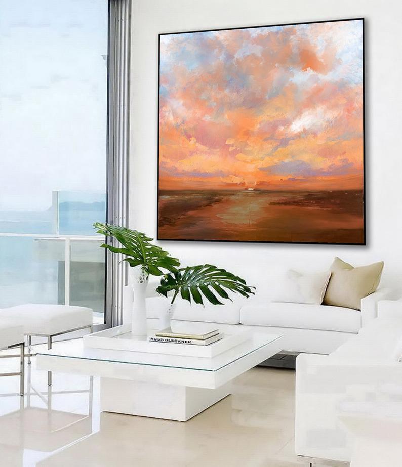 Large Sky Abstract Art Painting On Canvas Brown Painting Orange Painting Sunset Landscape Painting Sea Wall Art Office Decor31in,No Frame