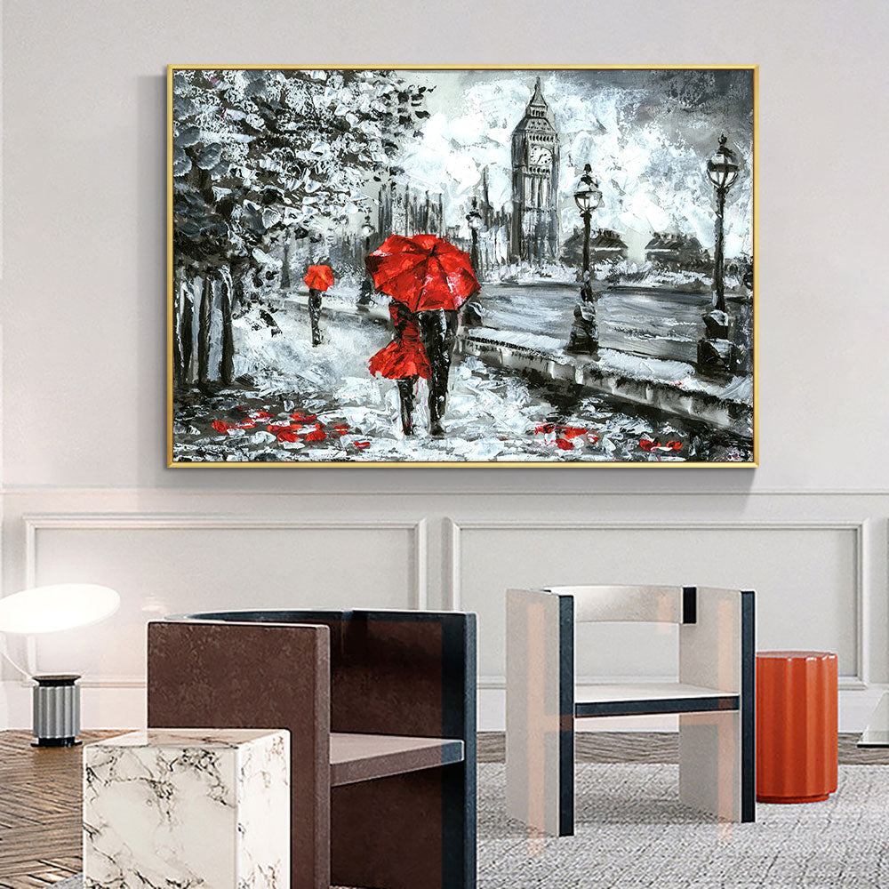 Hand Painted Oil Painting On Canvas Abstract People In the Rain With Red Umbrella Wedding  Living Room,31inx47in,No Frame