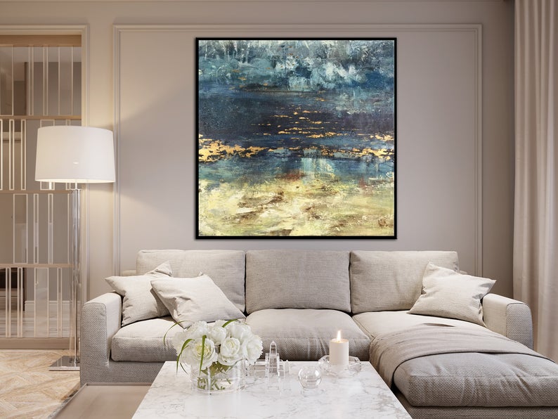 LargeWallArtLandscapePaintingsOnCanvasArtAbstractPaintingGoldLeafBluePaintingExtraLarge  31in,No Frame