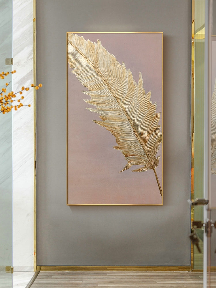 Hand-painted Oil Painting Gold Feather Light Luxury Scandinavian Style Home Decorative Painting Modern Entrance Hallway Aisle Pa27inx54in,No Frame