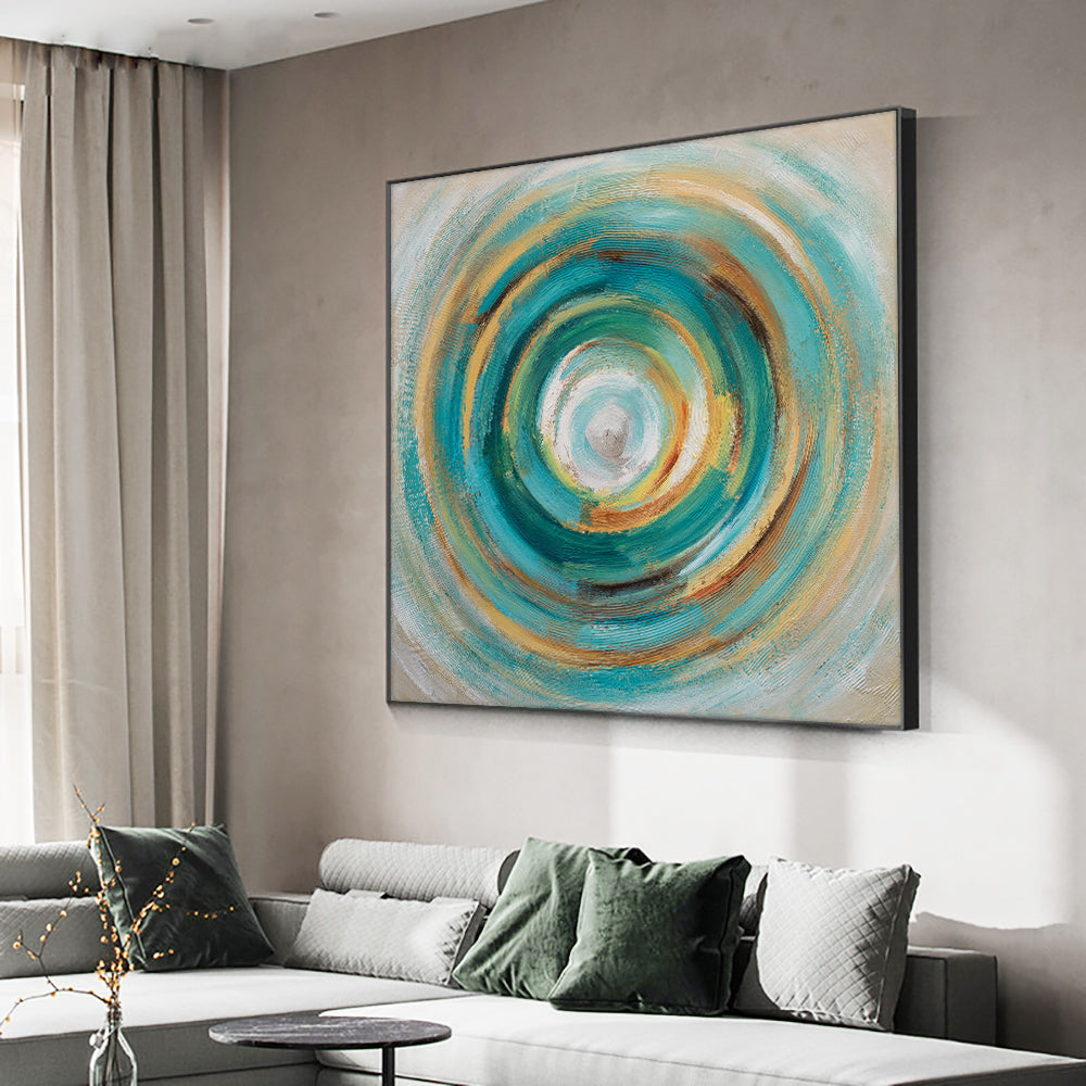 Hand Painted Abstract Green With Blue Colorful Circle Oil Painting Decorative Wall Art Pictures,31inx31in,No Frame