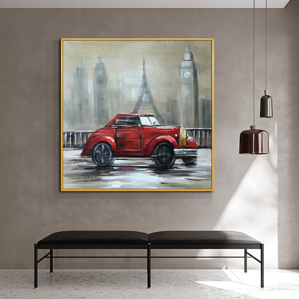 Abstract Red Car Painting  Handpainted Oil Painting On Canvas Fashion Modern Still Life Painting Wall,31inx31in,No Frame