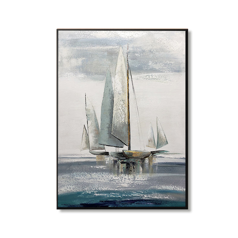 Hand painted Nordic Blue Seascape White Waves Canvas Oil Painting Living Room Bedroom Wall Art,31inx47in,No Frame