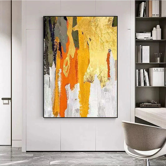 Abstract Oil Painting Handmade Gold Foil Golden Red Mural Art Cuadros Canvas Painting Large Sofa Decoration,31inx47in,No Frame