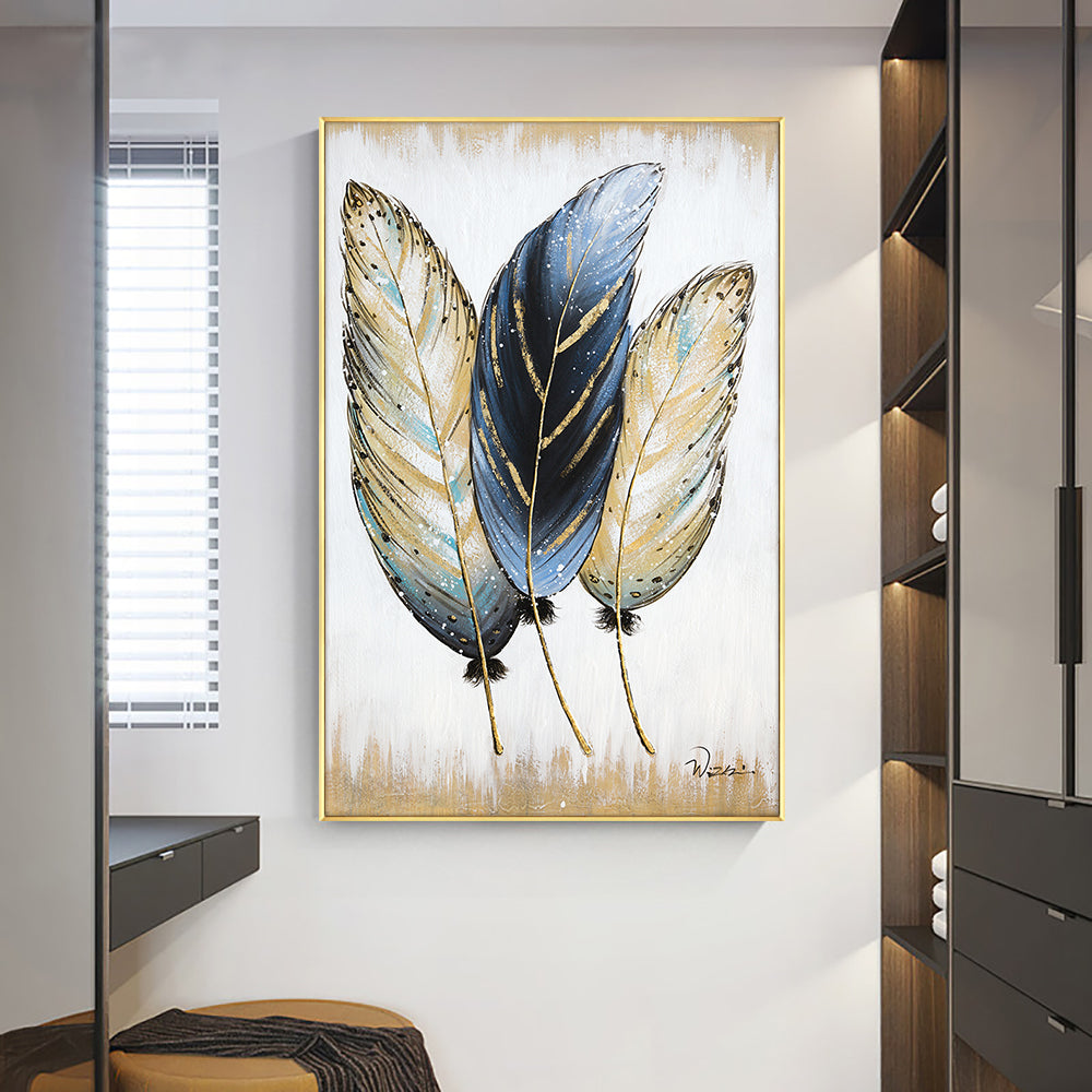 Abstract 3pcs Feathers Hand Painted Oil Painting On Canvas Handmade Abstract Modern Wall Art Painting For Living Room,31inx47in,No Frame