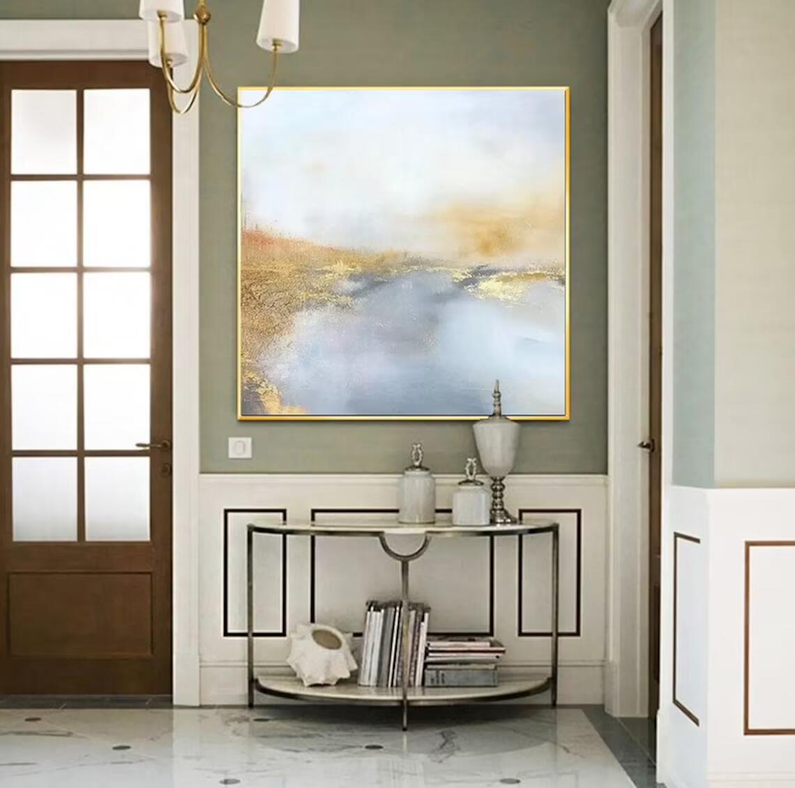AbstractPaintingBlueAndGoldWallArtPaintingModernPaintingGoldLeafPaintingWallArtDecor 31in,No Frame