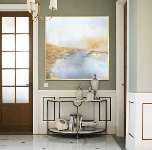 AbstractPaintingBlueAndGoldWallArtPaintingModernPaintingGoldLeafPaintingWallArtDecor 31in,No Frame