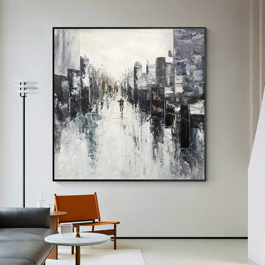 Abstract  Handpainted Textured People Walking Down The Street Oil Painting Modern Wall Art Canvas Painting,31inx31in,No Frame