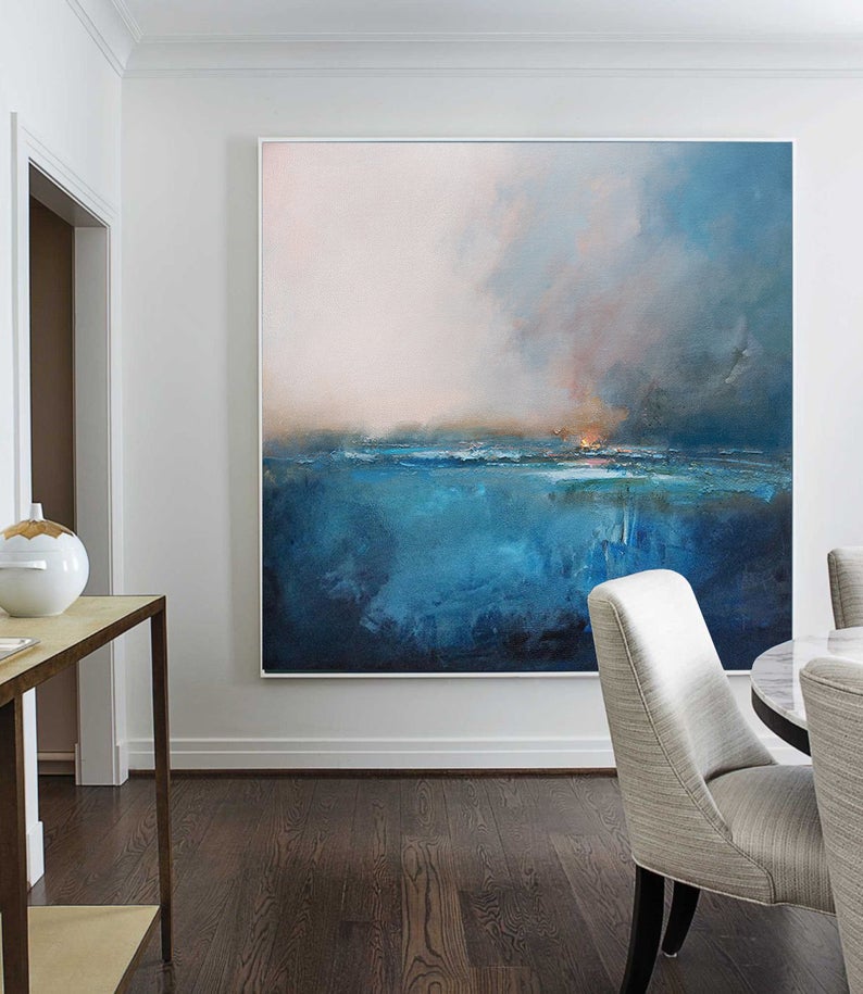 LargeOriginalSeaLevelBlueOilPaintingWallArtBlueAbstractPaintingSkyLandscapeOilPainting   31in,No Frame