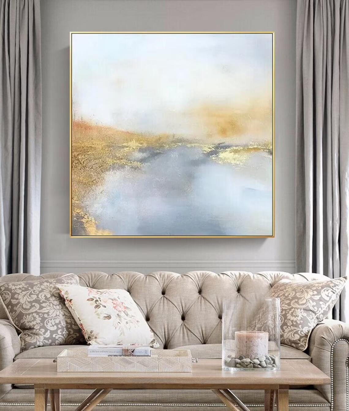 AbstractPaintingBlueAndGoldWallArtPaintingModernPaintingGoldLeafPaintingWallArtDecor 31in,No Frame