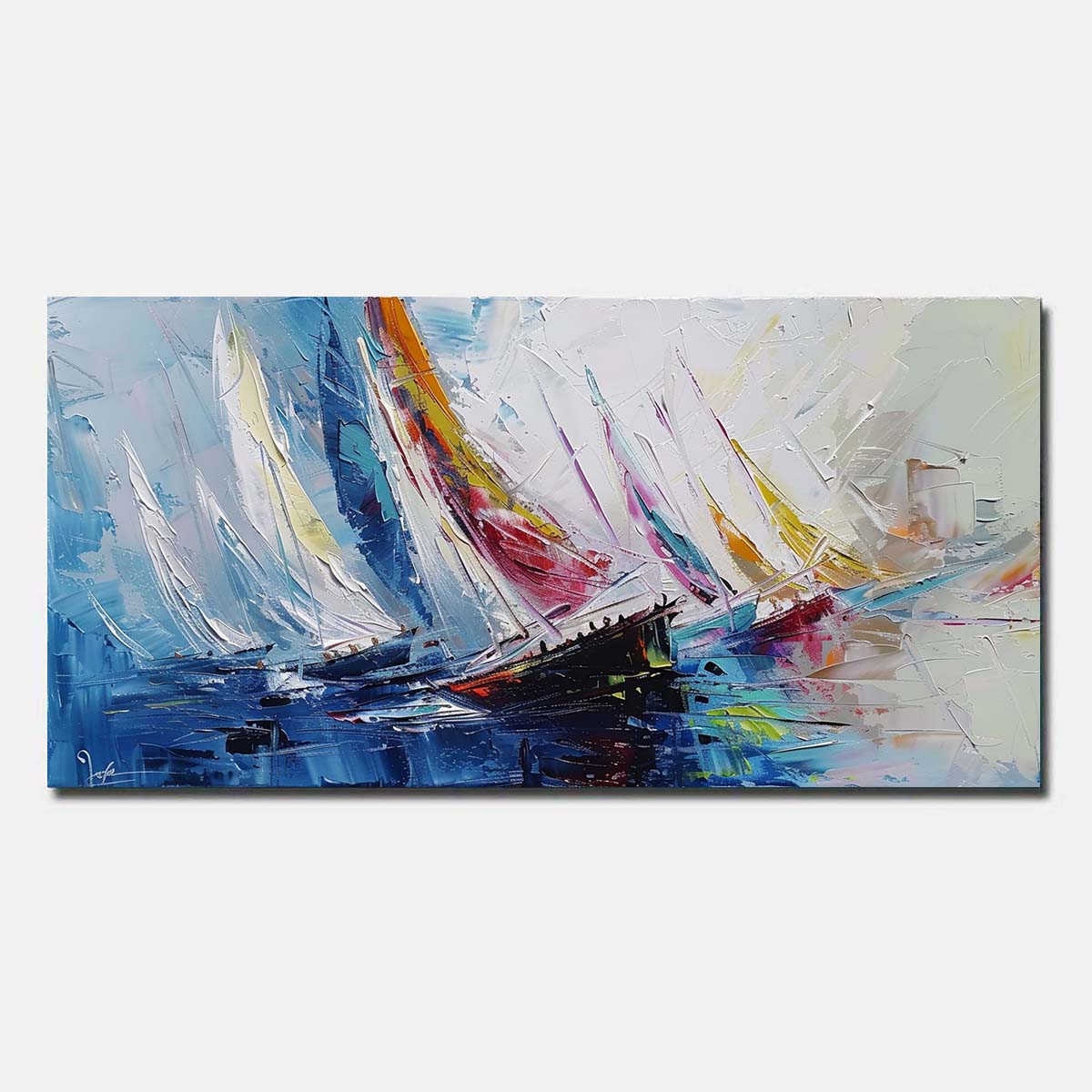 Blue Hand Painted Oil Painting On Canvas Sailing boat Abstract Wall Art Unframed/Rolled