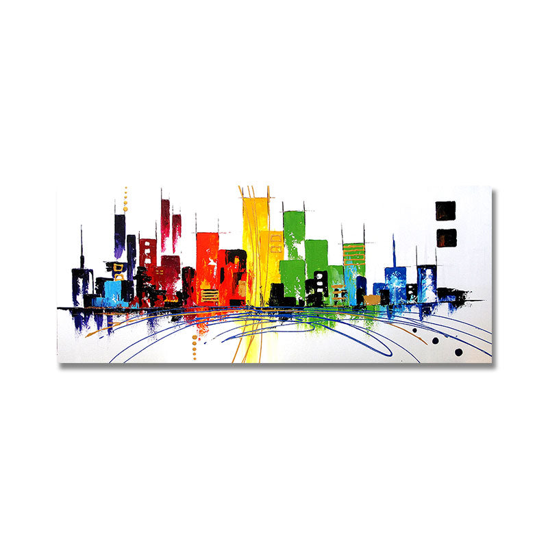 #590Hand painted Abstract Landscape Oil Painting Colorful Mordern Building Wall Art Handmade Canvas Painting for Livingroom,27inx54in,No Frame