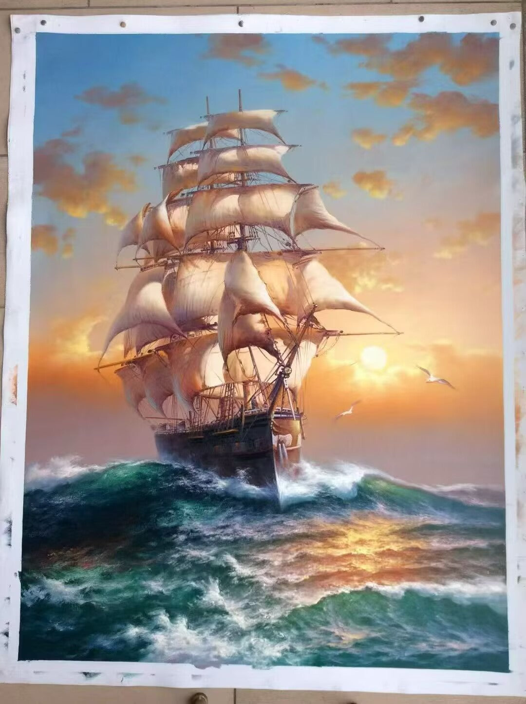 Hand painted oil Painting on Canvas Vintage Clipper Ship Cutting Through Waves at Golden Sunrise