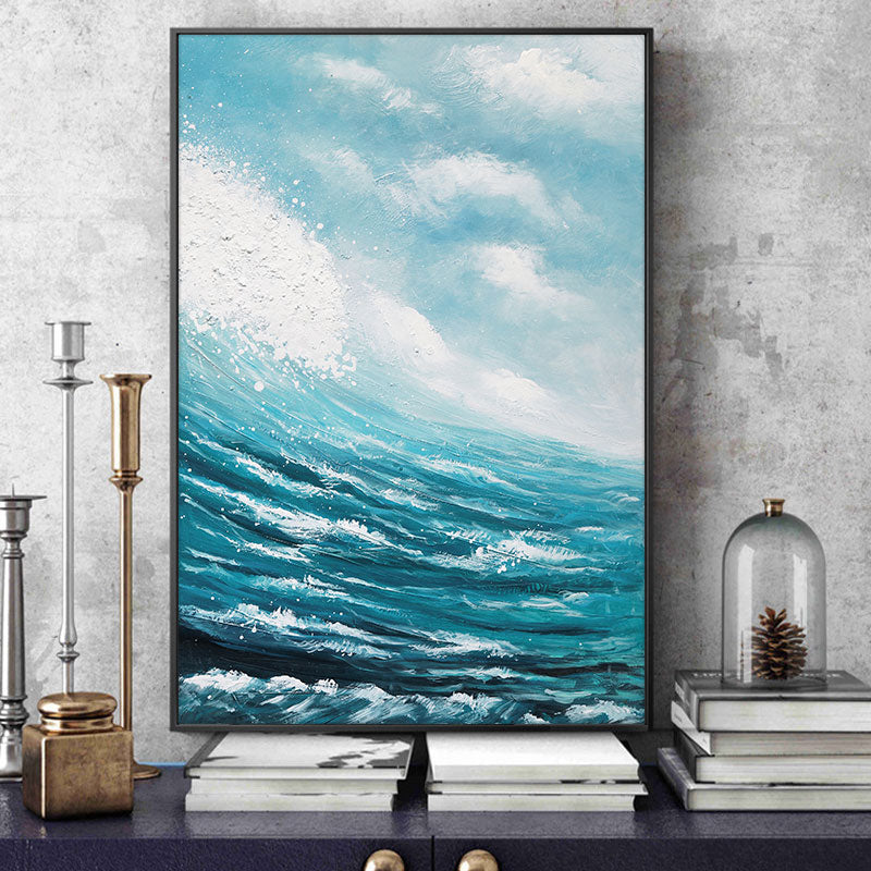 Abstract Blue Sea Hand Painted Oil Paintings Modern Landscape On Canvas Wall Art Pictures For Living Room,27inx54in,No Frame