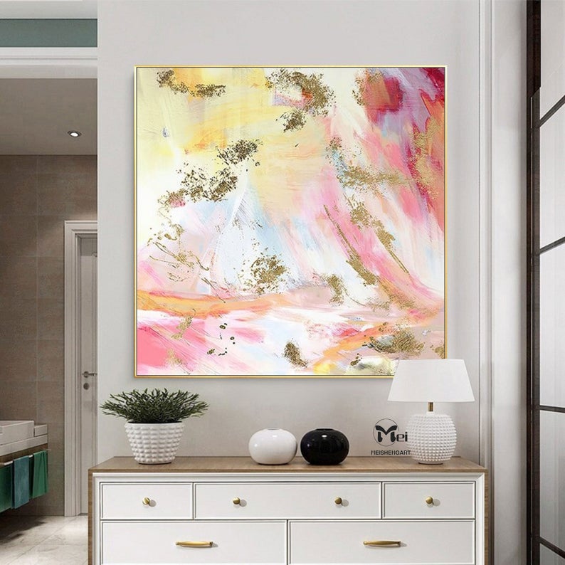 Large Pink Abstract Painting Pink Textured Painting Colorful Wall Paintings Gold Leaf Painting Blush Pink Wall Art Home Decor31in,No Frame