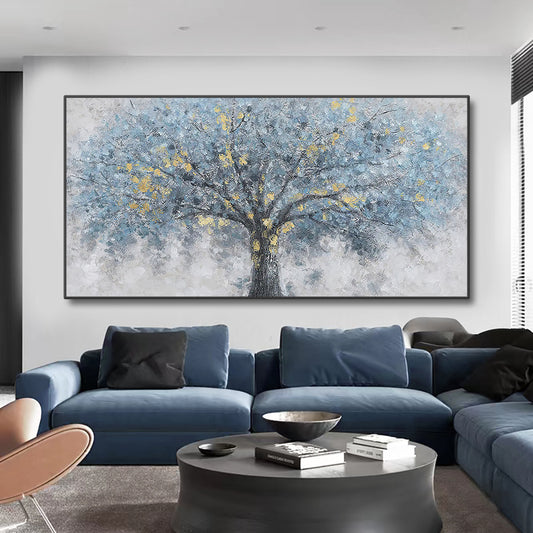 Hand Painted Abstract Landscape Oil Painting On Canvas Modern Grey Blue Tree of life Wall Art,27inx54in,No Frame