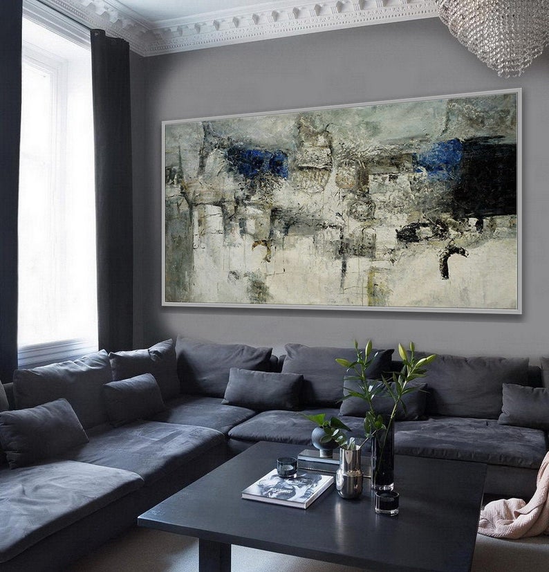 Extra Large Panoramic Modern Abstract Wall Art Hand Painted Black And White Contemporary Thick Oil Painting On Canvas27inx54in,No Frame