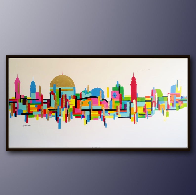 Jerusalem Abstract Painting On Canvas Acrylic Gold Leaf Jewish Art Wide Painting Large Canvas Painting Handmade Paintings Art27inx54in,No Frame