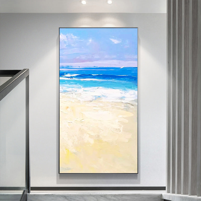 Modern Vertical Version Blue Ocean Beach Hand painted Decorative Painting Canvas Painting Living Room,27inx54in,No Frame
