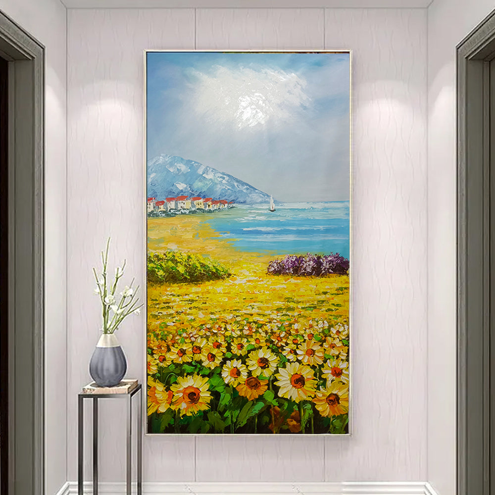 Hand Painted Sunflower Oil Painting House Landscape On Canvas In Living Room Modern Wall,27inx54in,No Frame