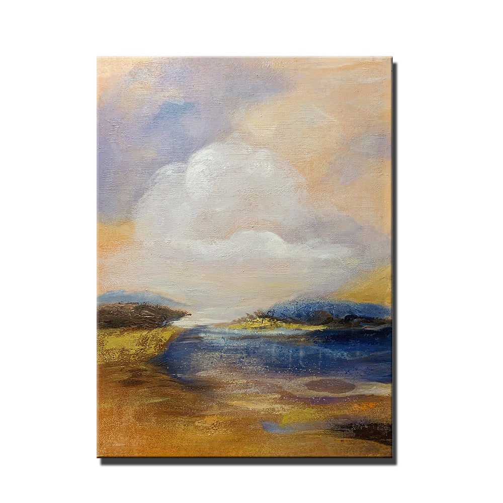 Hand Painted Beautiful Oil Painting Abstract Landscape Sunrise River Canvas Painting Art Living Room Decoration Wall For Living Room,31inx47in,No Frame