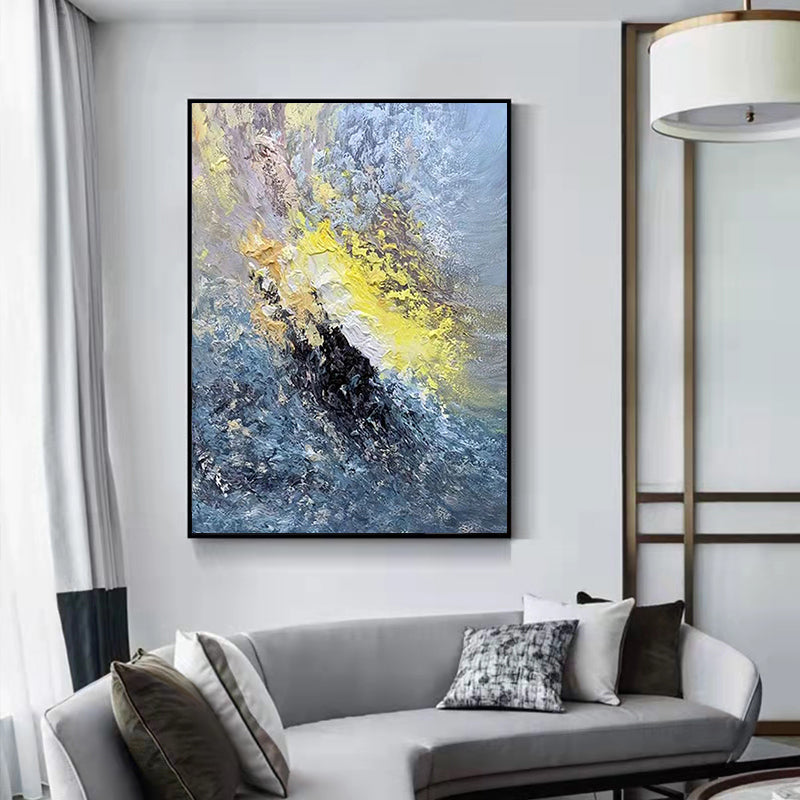 Large Handmade Art Knife Drawing Abstract Oil Painting Gold Blue Thick Oil Texture Canvas Art Mural,31inx47in,No Frame