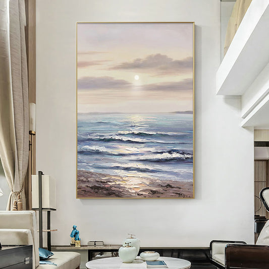 Handmade Canvas Oil Painting Decoration Sea Dawn Modern Art Mural Living Room Bedroom Office Hotel Hanging,31inx47in,No Frame