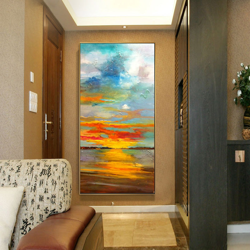 Modern Abstract Sunrise Landscape Plan Entrance Hallway Corridor Decorative Painting hand-painted Oil Paintings Minimalist Wall27inx54in,No Frame