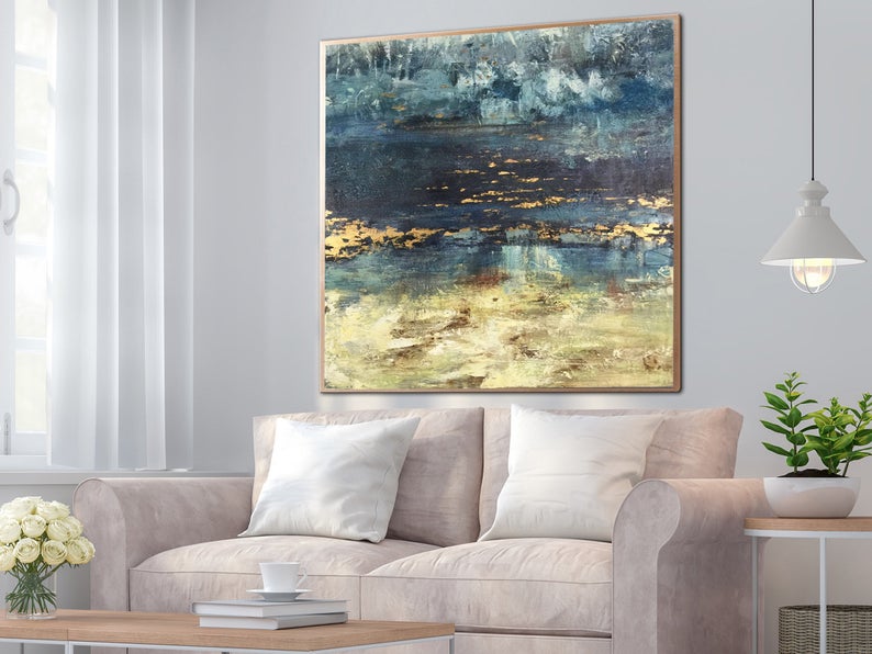 LargeLandscapePaintingLargePaintingOnCanvasOriginalBluePaintingExtraLargeWallArtAbstractCanvas 31in,No Frame