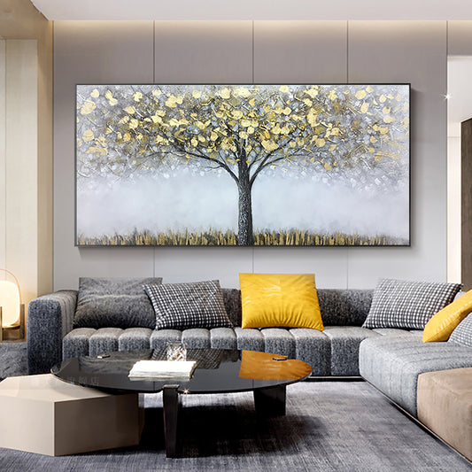 Abstract Gray Oil Painting Handmade Golden Fortune Tree On Canvas Hand Painted Artwork Painting Large Salon,27inx54in,No Frame