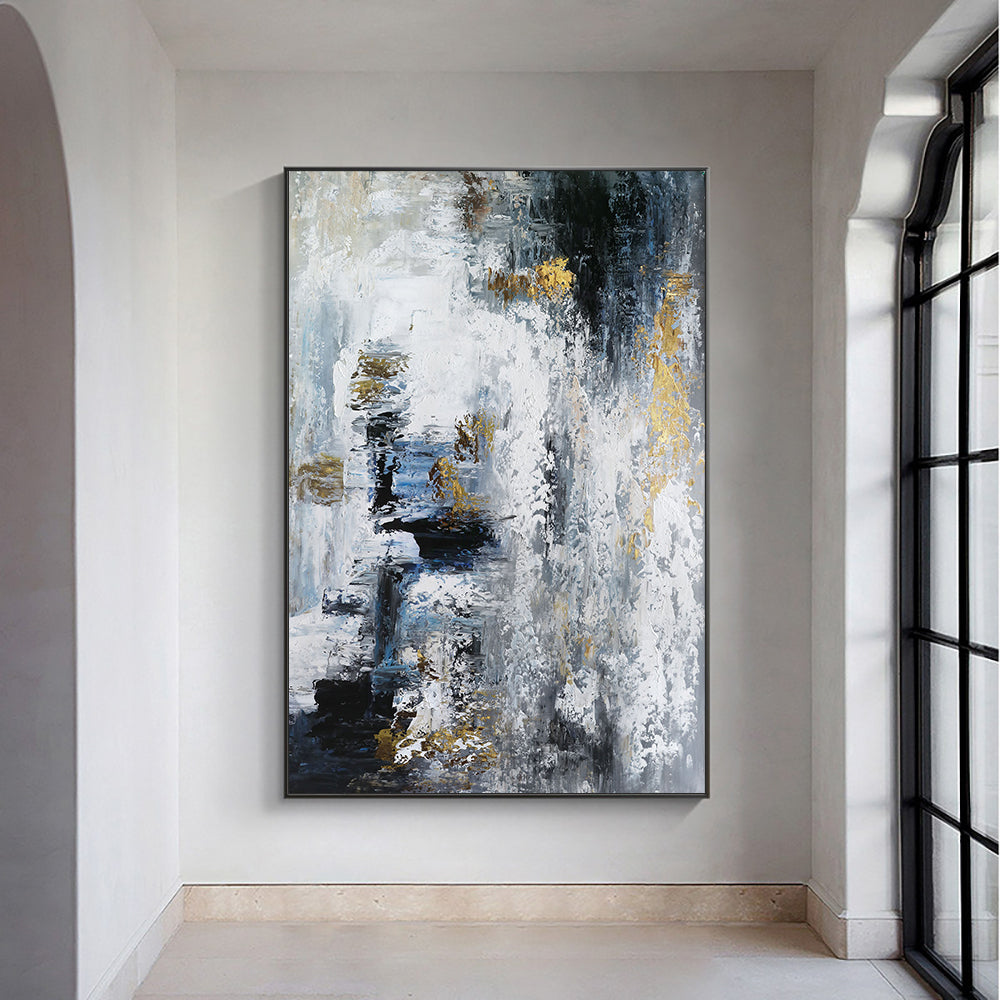 Abstract Black White Gold Oil Painting  Handmade On Canvas Modern New Style Wall Art Pictures For Living Room,31inx47in,No Frame