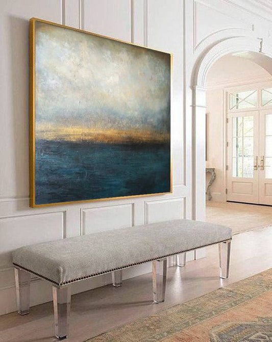 Large Oil Painting Canvas Art Sea Abstract Painting Blue Painting Gray Painting Sunset Painting Contemporary Art Home Decor31in,No Frame