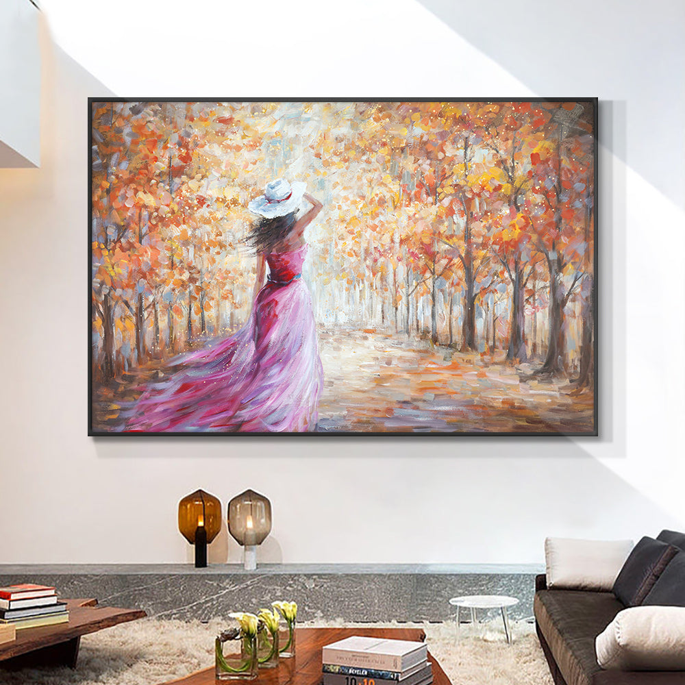 Abstract Girl Walking In The Grove Painting  Hand Painted Oil Painting On Canvas Handmade Wall,27inx54in,No Frame