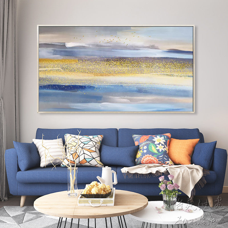 Sea Abstract Oil Painting Handmade Canvas Wall Art Minimalist Modern Living Room Decoration Northern European Style Gold Foil27inx54in,No Frame