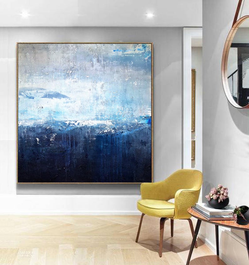 LargeAbstractPaintingWhiteBlueBlackArtworkContemporaryOilPaintingWallDecorAbstractHandPaintedDesign    31in,No Frame