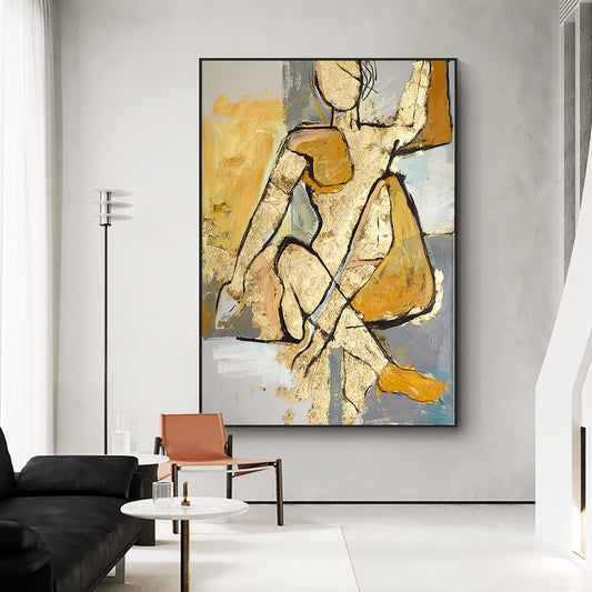 Abstract Golden Woman Oil Painting  Handmade On Canvas Modern Nordic Figure Wall Art Paintings  For Living Room ,31inx47in,No Frame