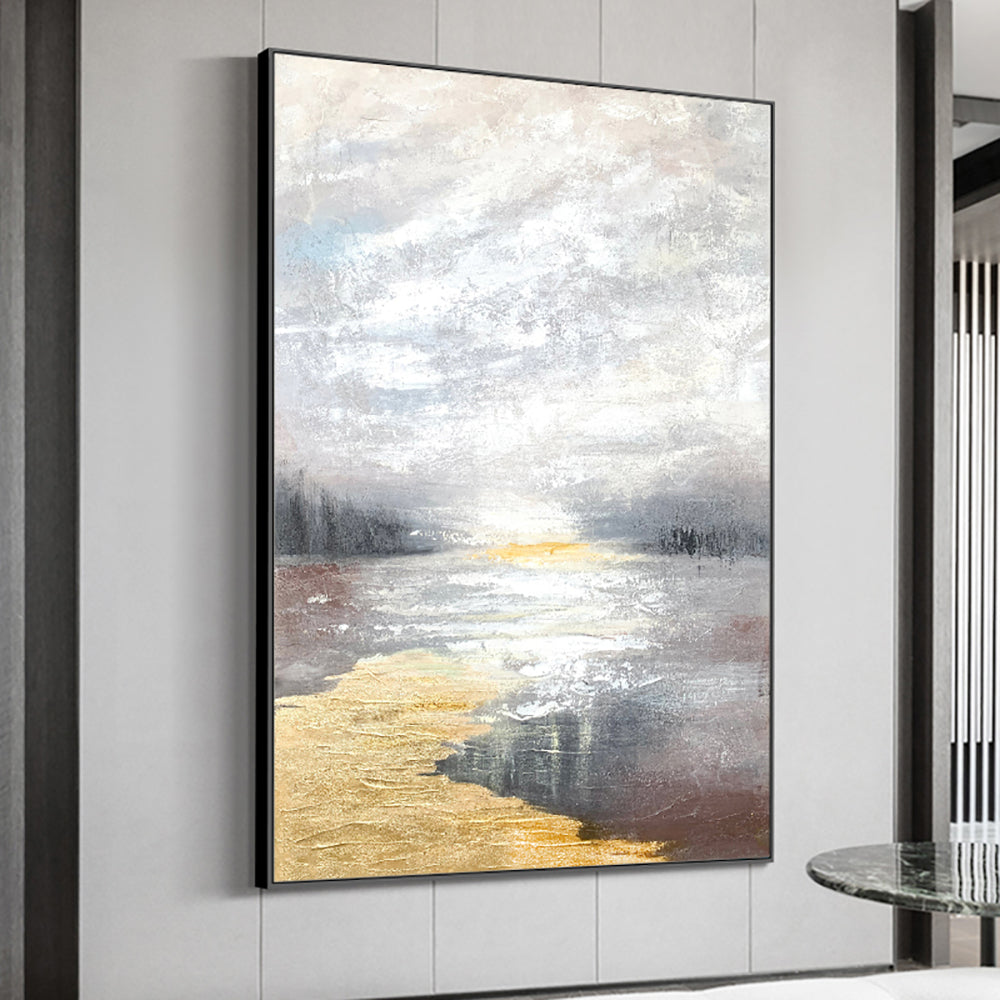 Hand Painted Beautiful Oil Painting Abstract Landscape Sunrise River Canvas Painting Art Living Room Decoration Wall For Living Room,31inx47in,No Frame